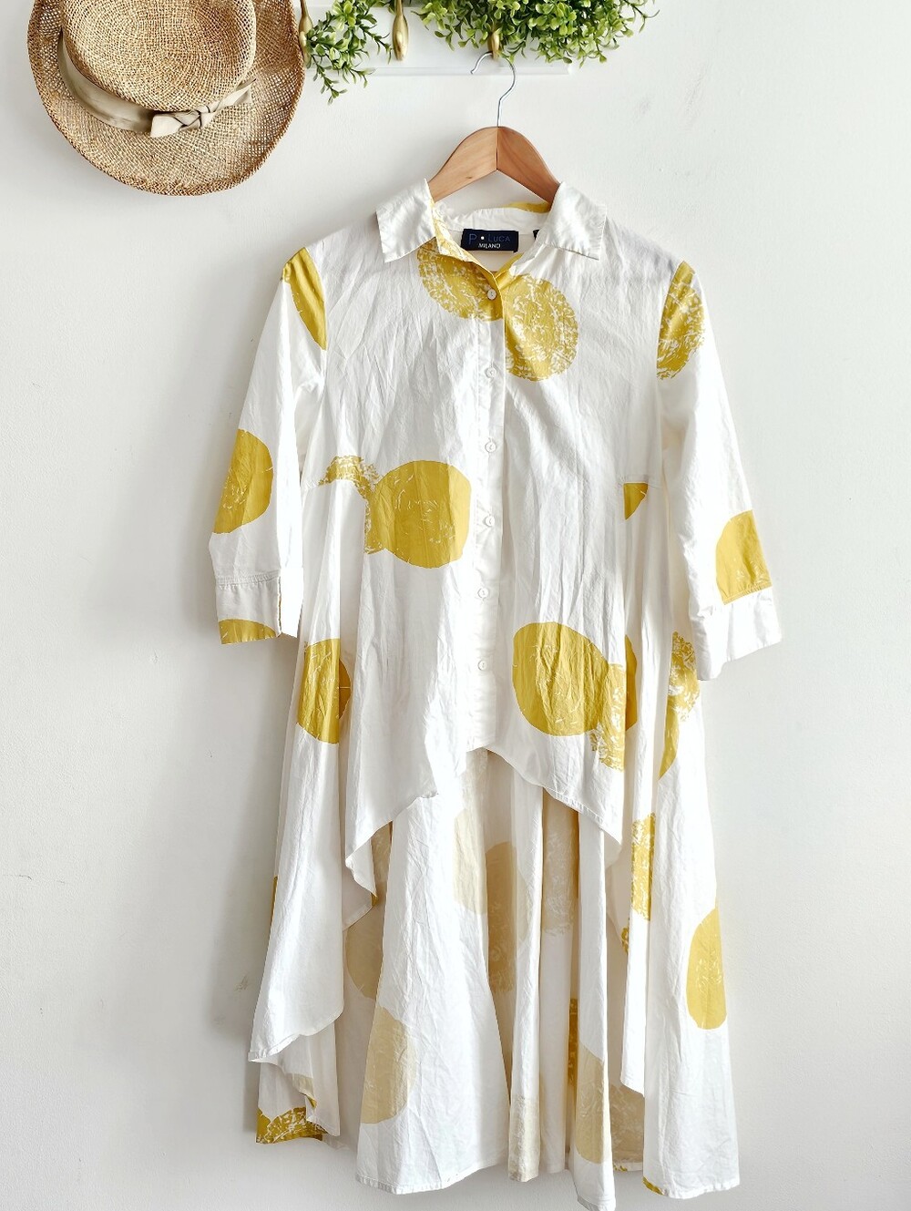 P•Luca Milano Cotton High Low Shirt Dress White Mustard Yellow Polka Dot Size M